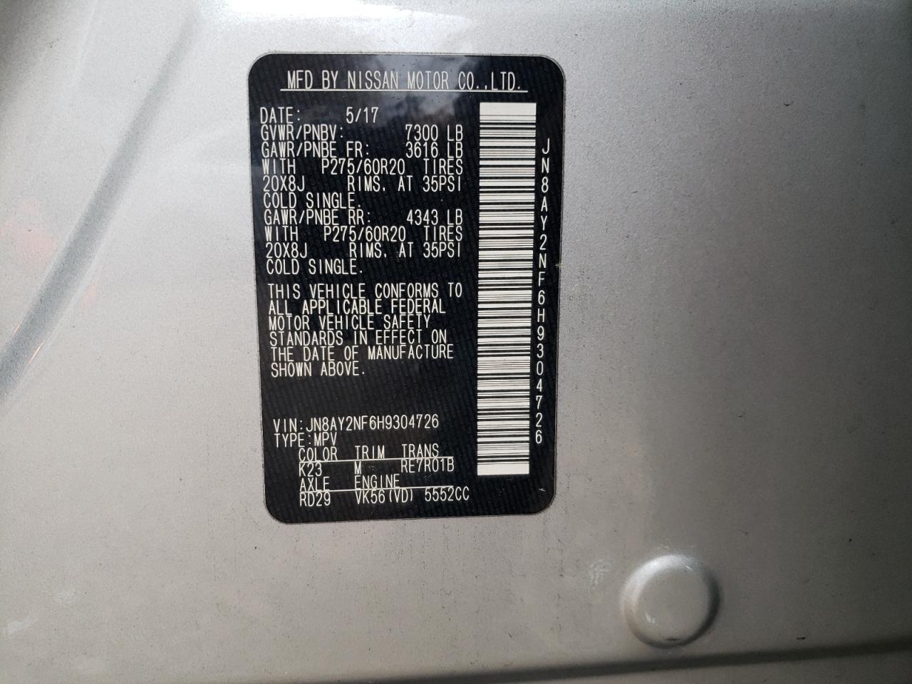 Photo 10 from auction – 2017 NISSAN ARMADA PLA with VIN JN8AY2NF6H9304726