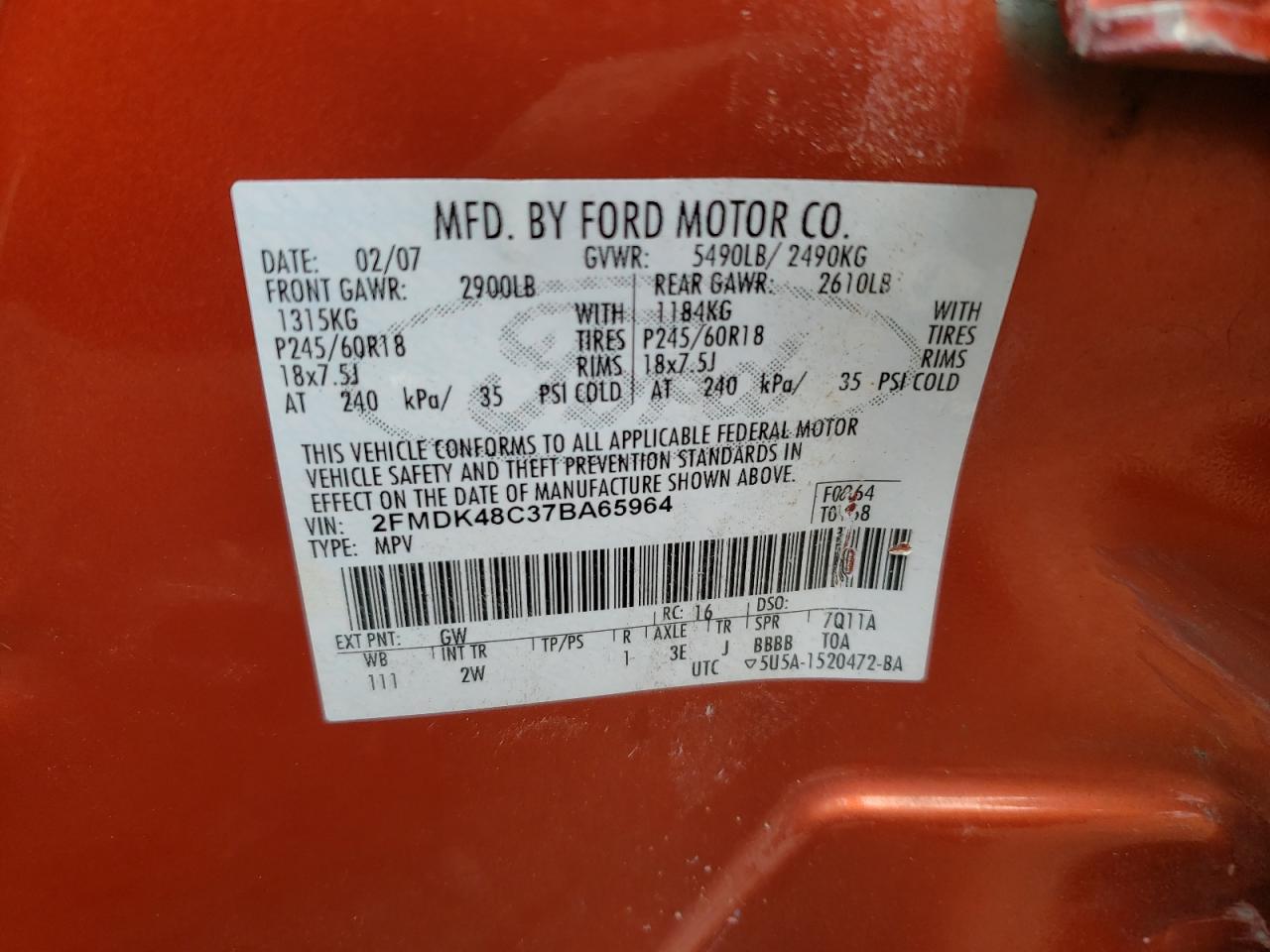 Photo 10 from auction – 2007 FORD EDGE SEL with VIN 2FMDK48C37BA65964