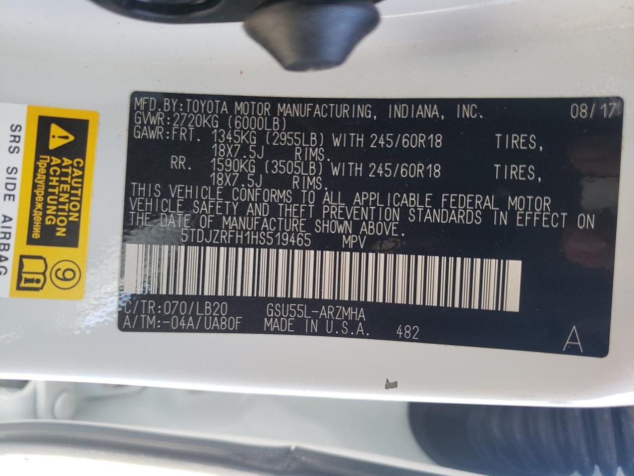 Photo 10 from auction – 2017 TOYOTA HIGHLANDER with VIN 5TDJZRFH1HS519465