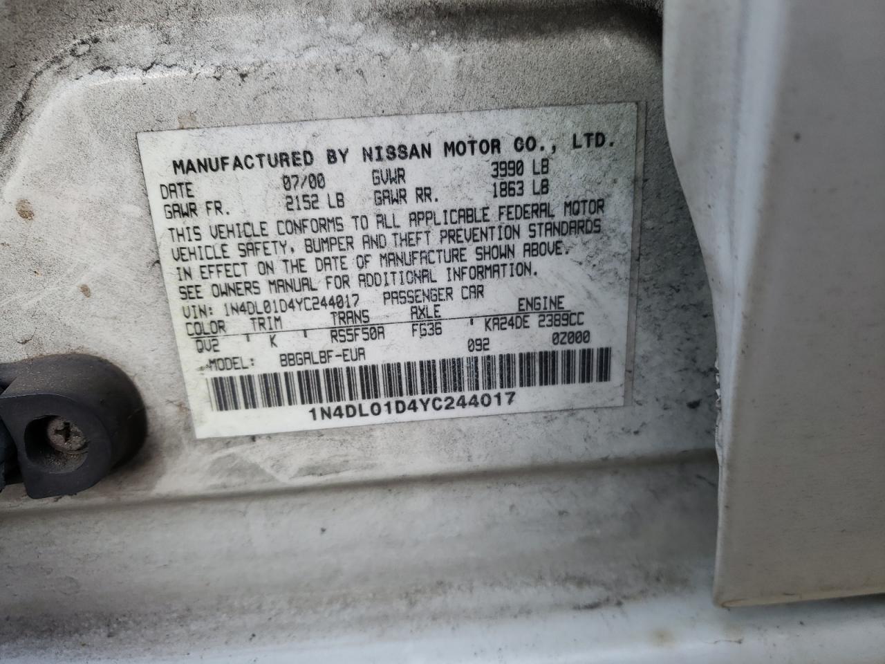 Photo 10 from auction – 2000 NISSAN ALTIMA XE with VIN 1N4DL01D4YC244017