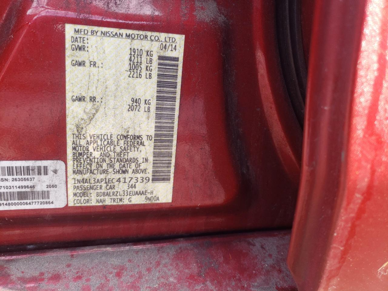 Photo 10 from auction – 2014 NISSAN ALTIMA 2.5 with VIN 1N4AL3AP1EC417339