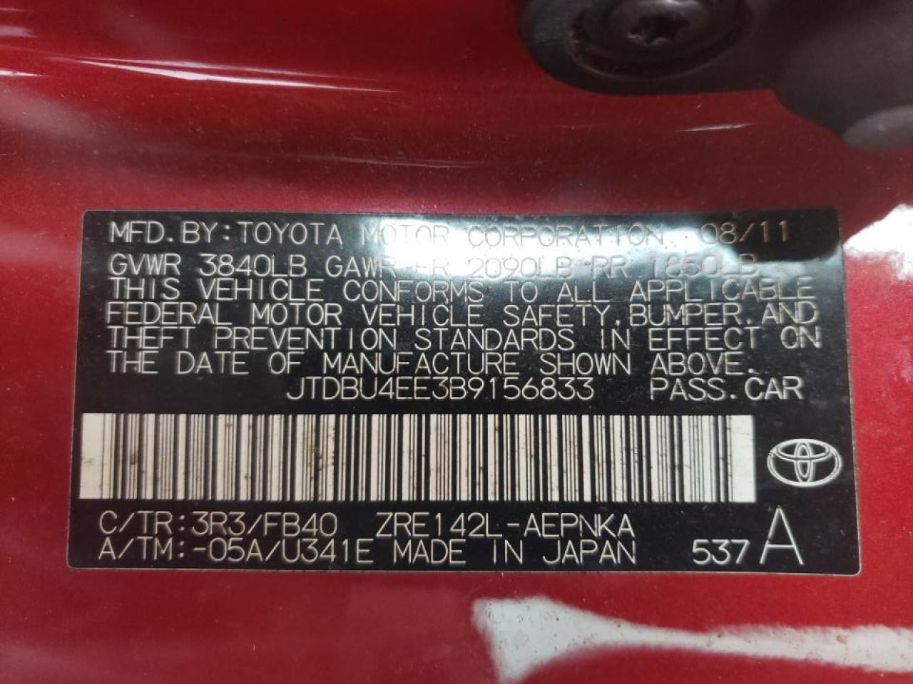 Photo 10 from auction – 2011 TOYOTA COROLLA with VIN JTDBU4EE3B9156833