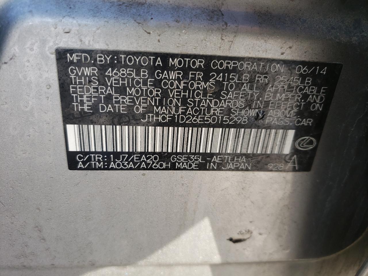 Photo 10 from auction – 2014 LEXUS IS 250 with VIN JTHCF1D26E5015298