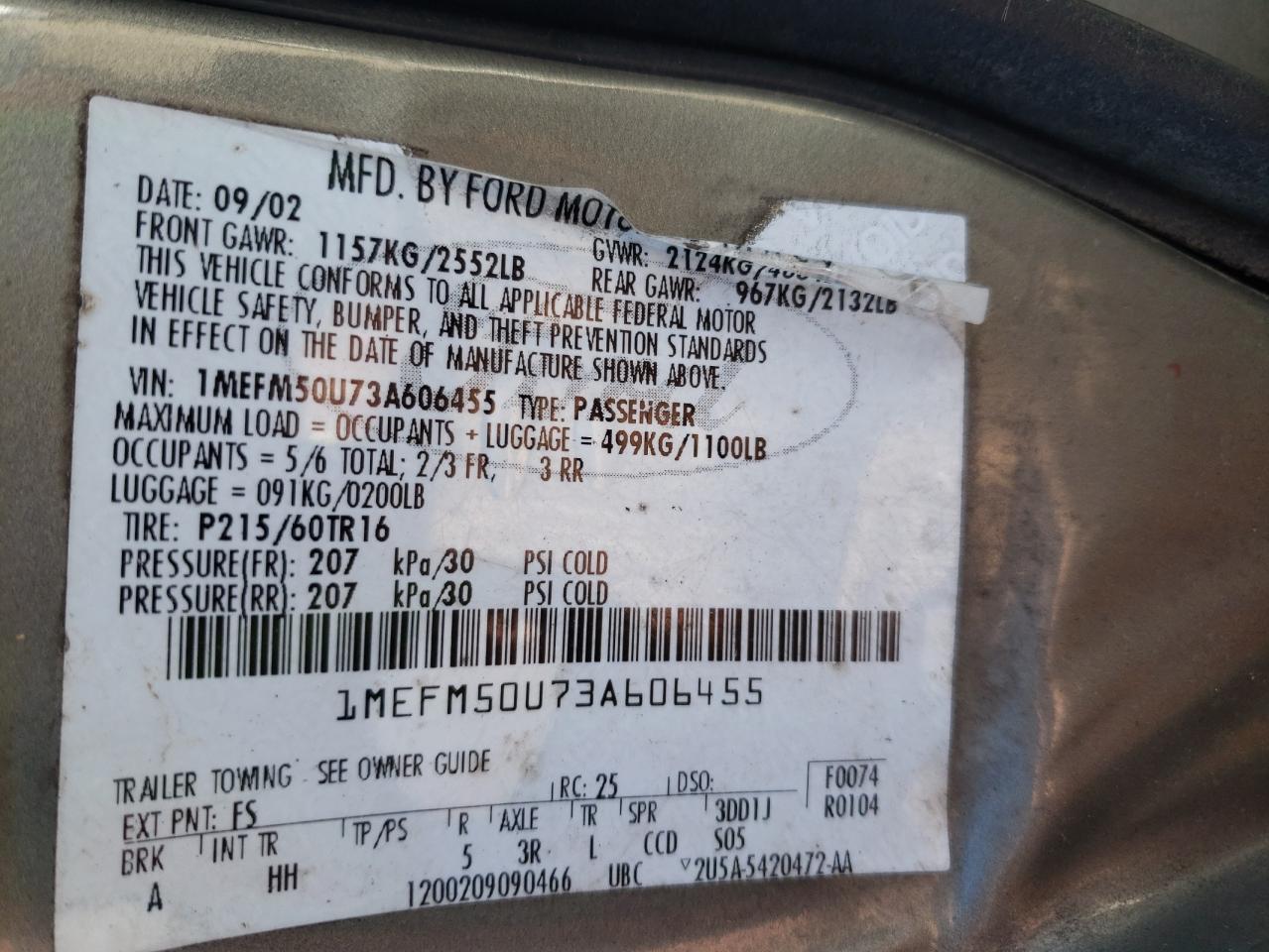 Photo 10 from auction – 2003 MERCURY SABLE GS with VIN 1MEFM50U73A606455