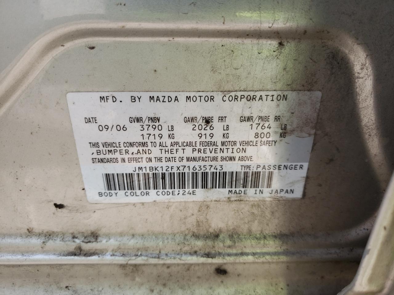 Фото 10 с аукциона – 2007 MAZDA 3 I с VIN JM1BK12FX71635743