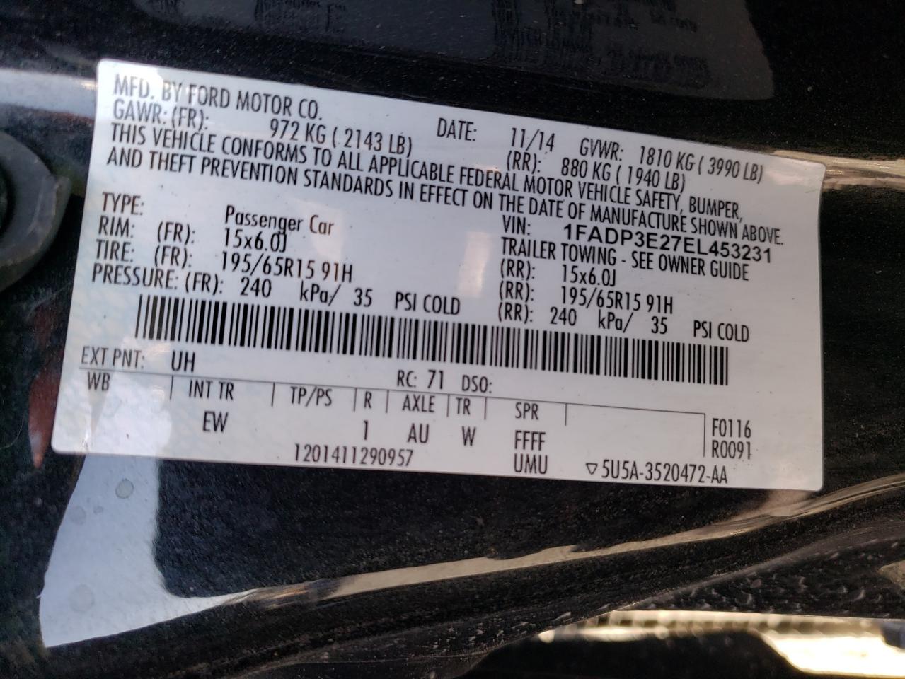 Photo 10 from auction – 2014 FORD FOCUS S with VIN 1FADP3E27EL453231