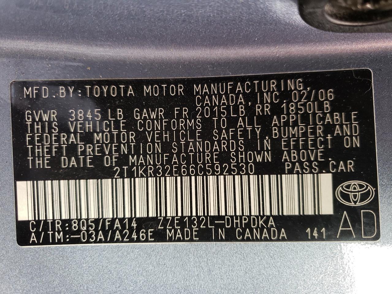 Photo 10 from auction – 2006 TOYOTA COROLLA MA with VIN 2T1KR32E66C592530