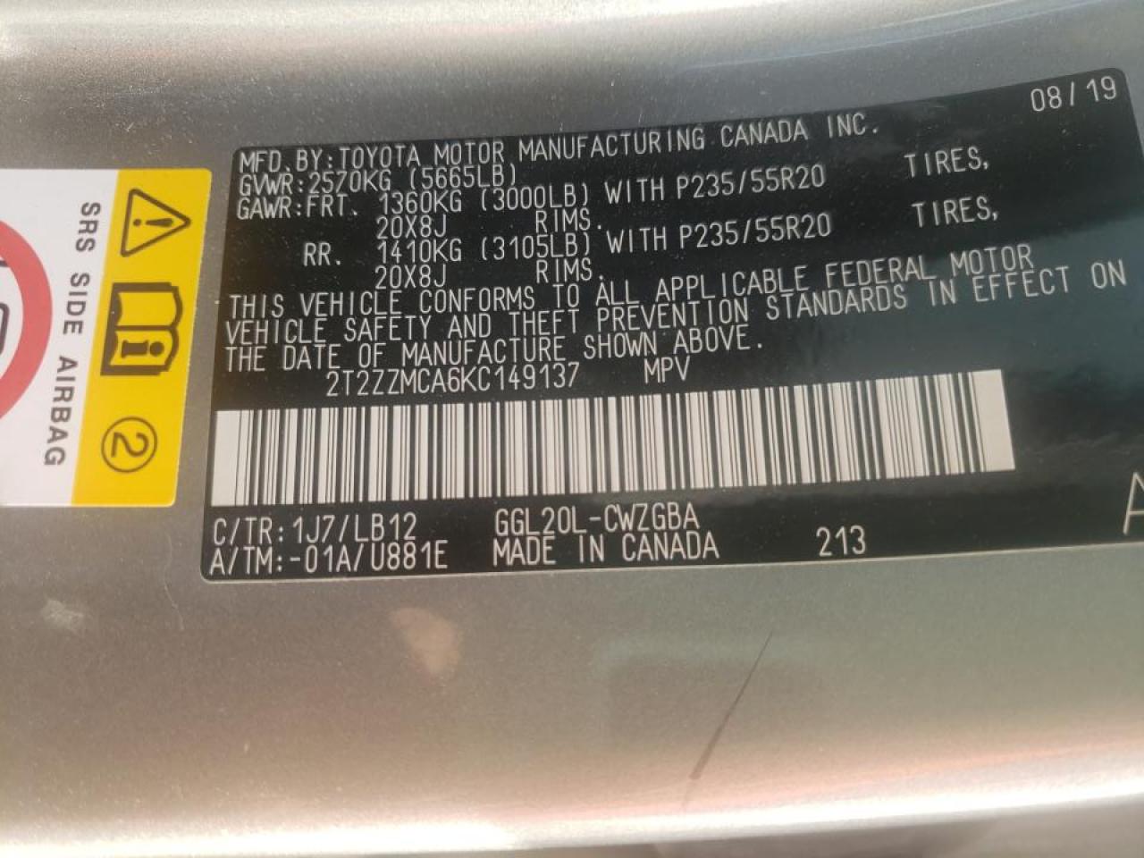 Photo 10 from auction – 2019 LEXUS RX 350 BAS with VIN 2T2ZZMCA6KC149137