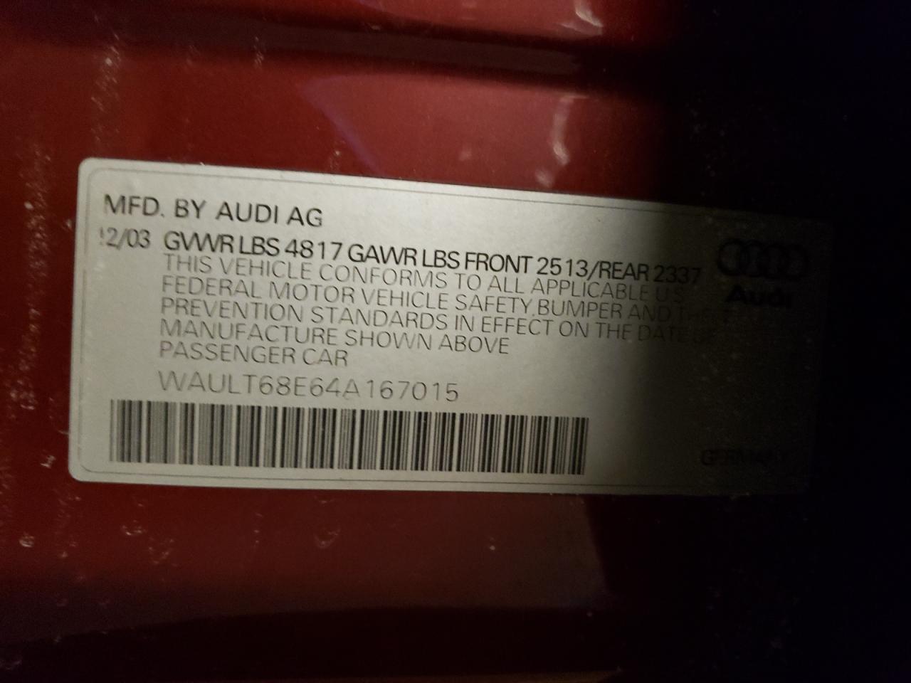 Photo 10 from auction – 2004 AUDI A4 3.0 QUA with VIN WAULT68E64A167015