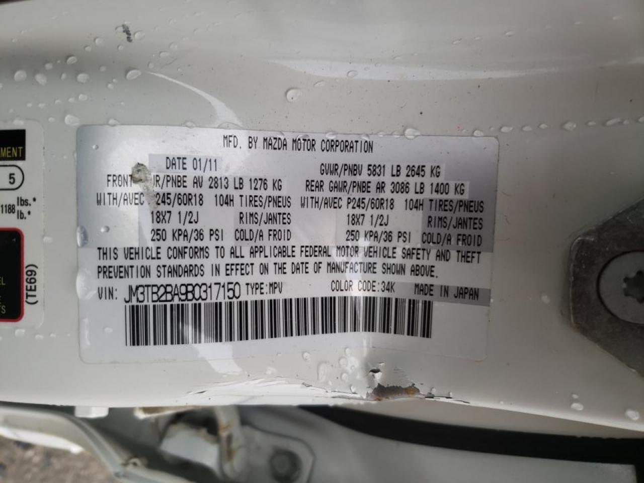 Photo 10 from auction – 2011 MAZDA CX-9 with VIN JM3TB2BA9B0317150