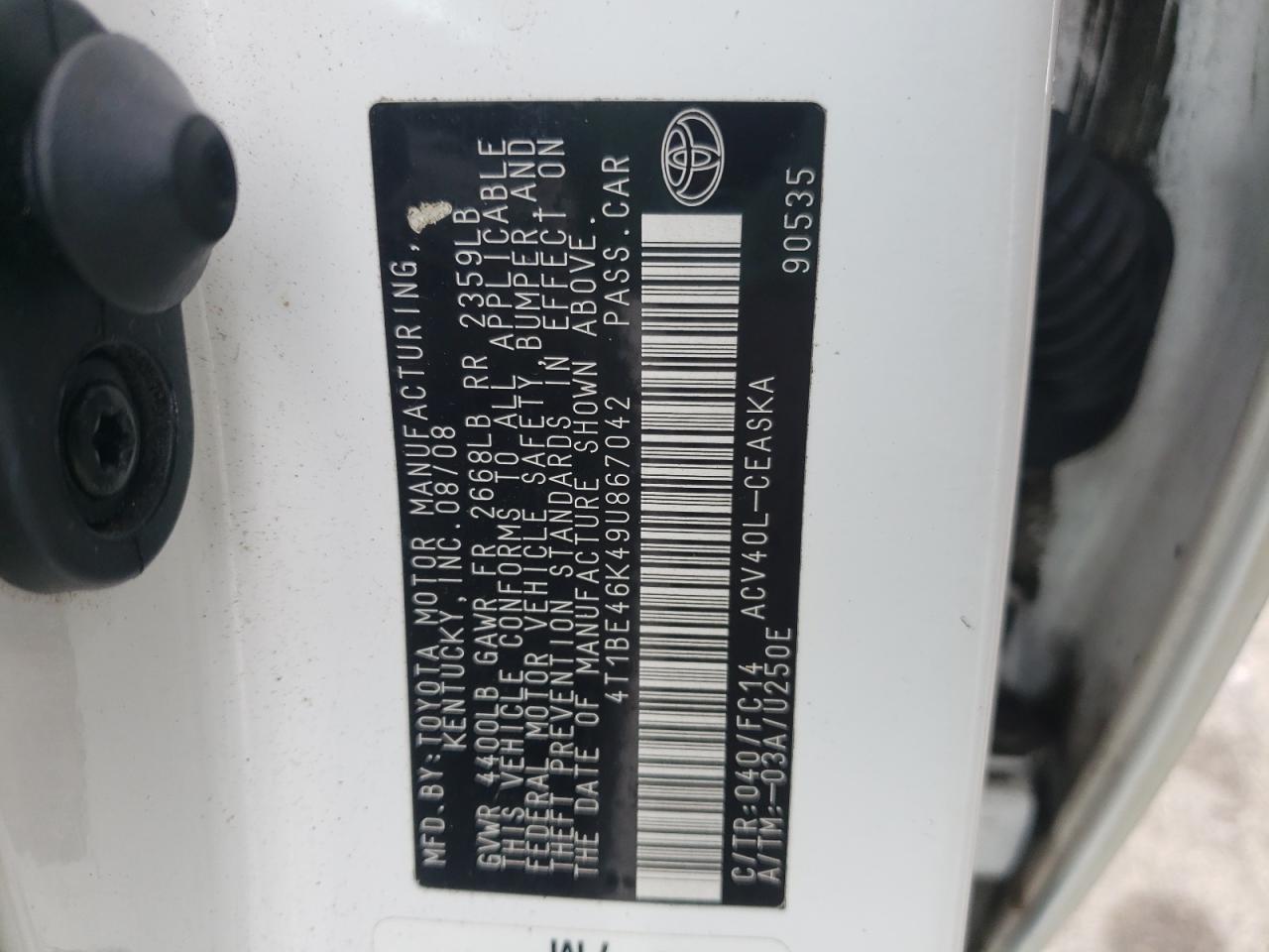 Photo 10 from auction – 2009 TOYOTA CAMRY BASE with VIN 4T1BE46K49U867042