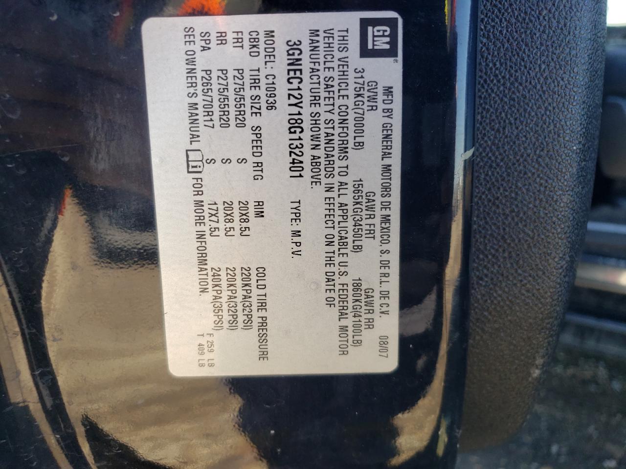 Photo 10 from auction – 2008 CHEVROLET AVALANCHE with VIN 3GNEC12Y18G132401