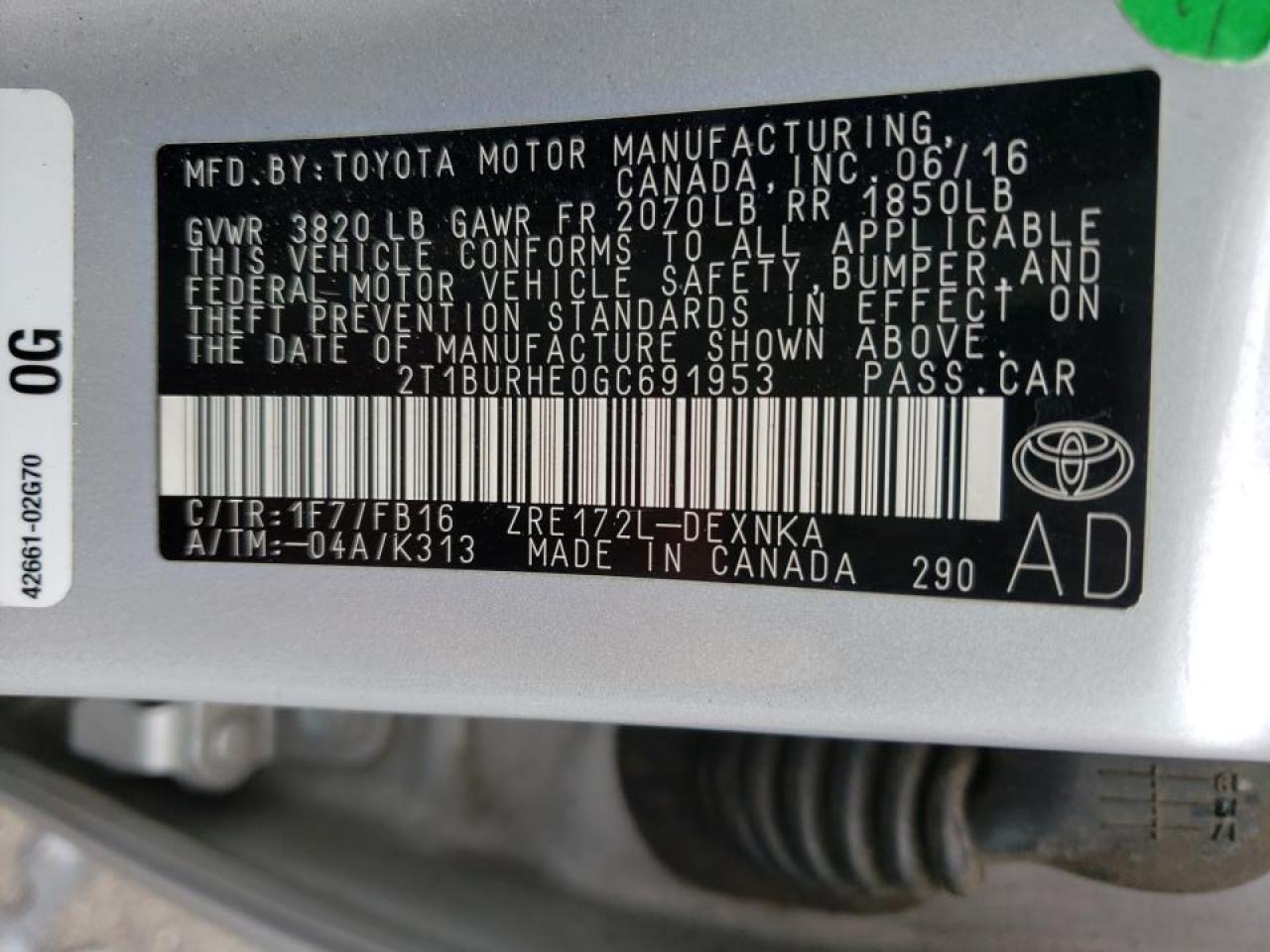 Photo 10 from auction – 2016 TOYOTA COROLLA L with VIN 2T1BURHE0GC691953