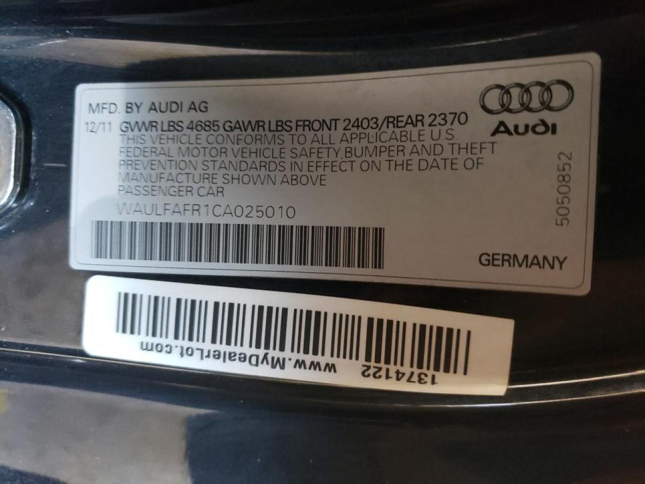 Photo 10 from auction – 2012 AUDI A5 PREMIUM with VIN WAULFAFR1CA025010