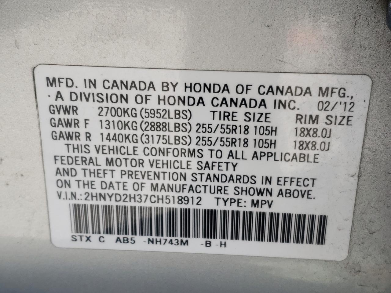 Photo 10 from auction – 2012 ACURA MDX TECHNO with VIN 2HNYD2H37CH518912