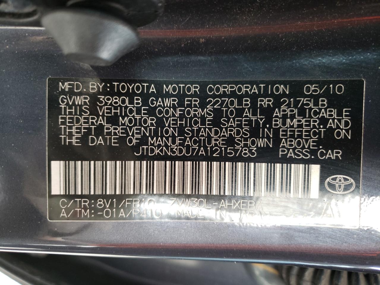 Photo 10 from auction – 2010 TOYOTA PRIUS with VIN JTDKN3DU7A1215783