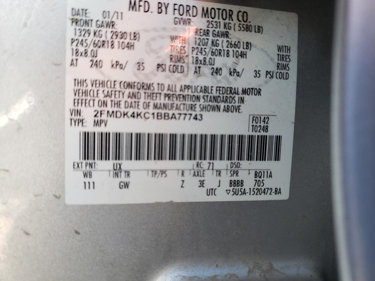 Photo 10 from auction – 2011 FORD EDGE LIMIT with VIN 2FMDK4KC1BBA77743