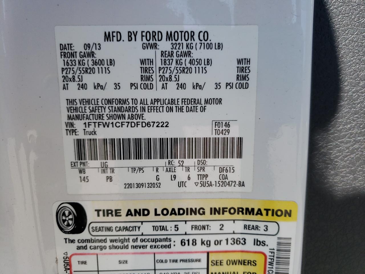 Photo 10 from auction – 2013 FORD F150 SUPER with VIN 1FTFW1CF7DFD67222