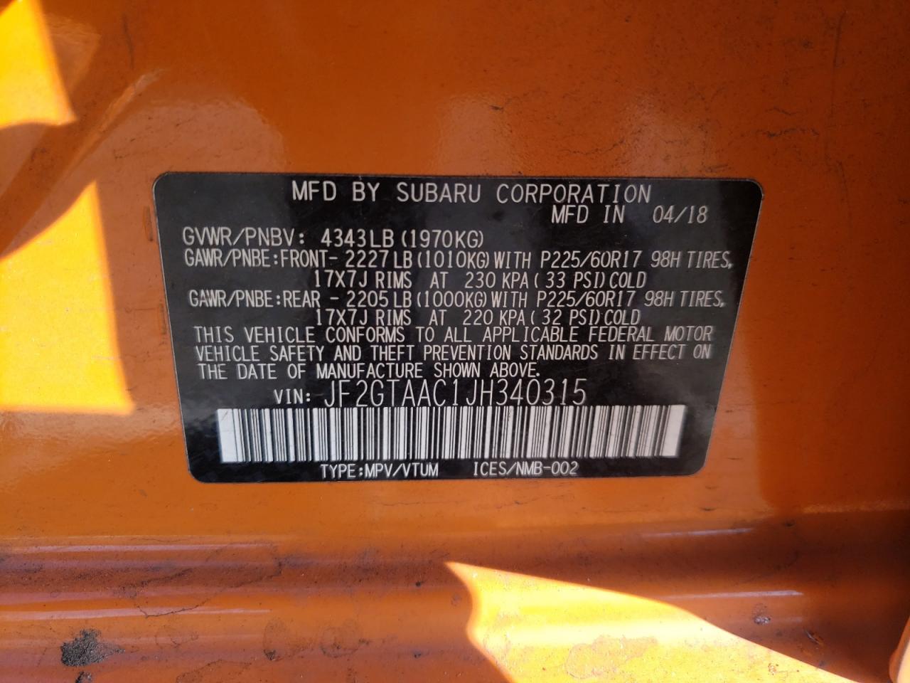 Photo 10 from auction – 2018 SUBARU CROSSTREK with VIN JF2GTAAC1JH340315