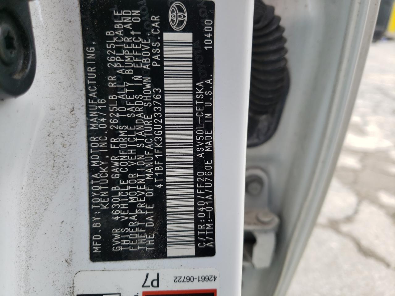 Photo 10 from auction – 2016 TOYOTA CAMRY LE with VIN 4T1BF1FK3GU233763
