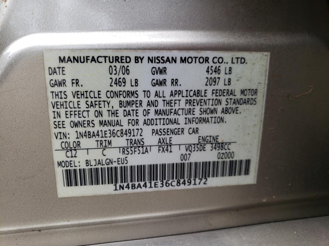 Photo 10 from auction – 2006 NISSAN MAXIMA SE with VIN 1N4BA41E36C849172