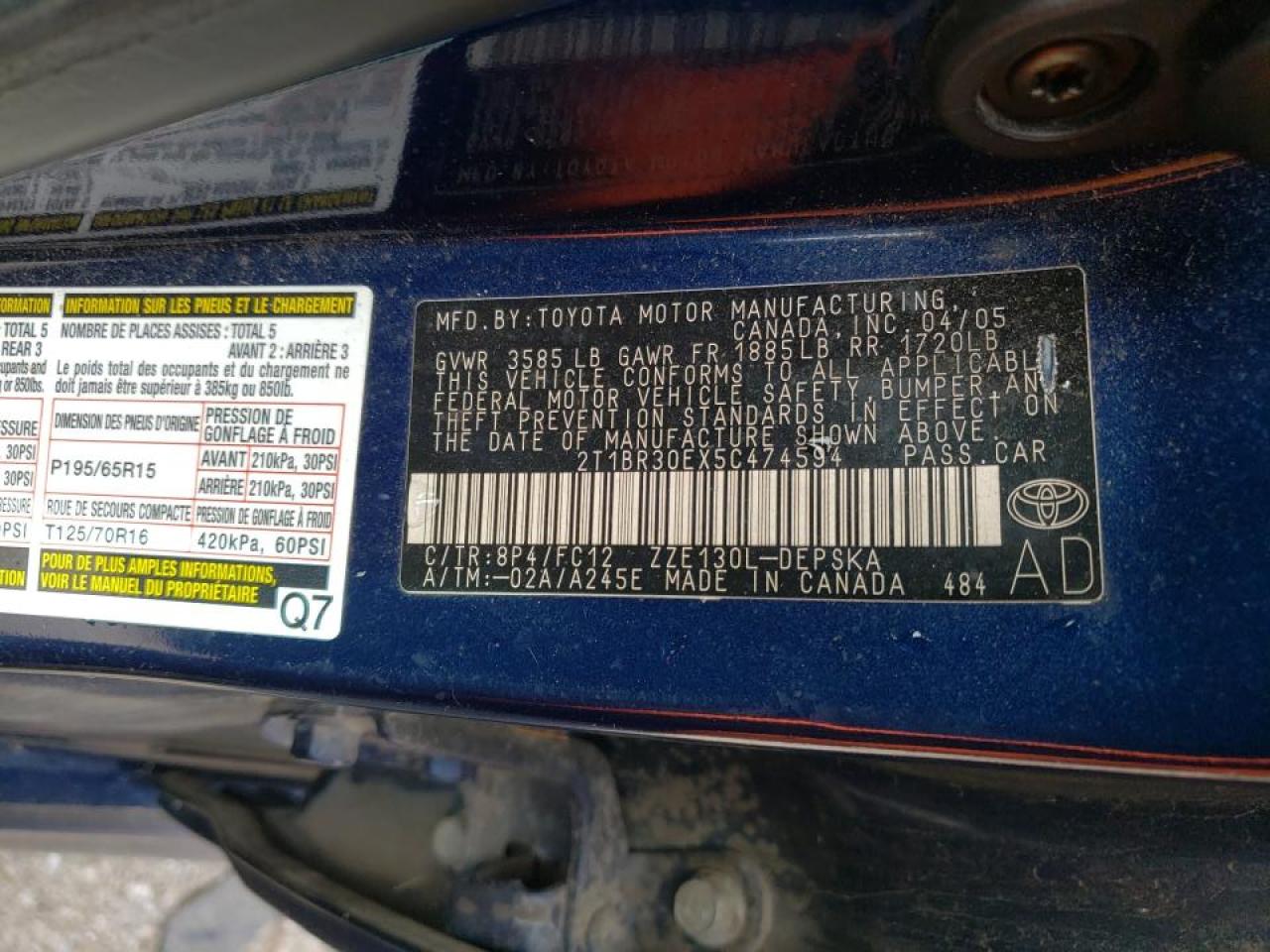 Zdjęcie 10 z aukcji – 2005 TOYOTA COROLLA CE z VIN 2T1BR30EX5C474594