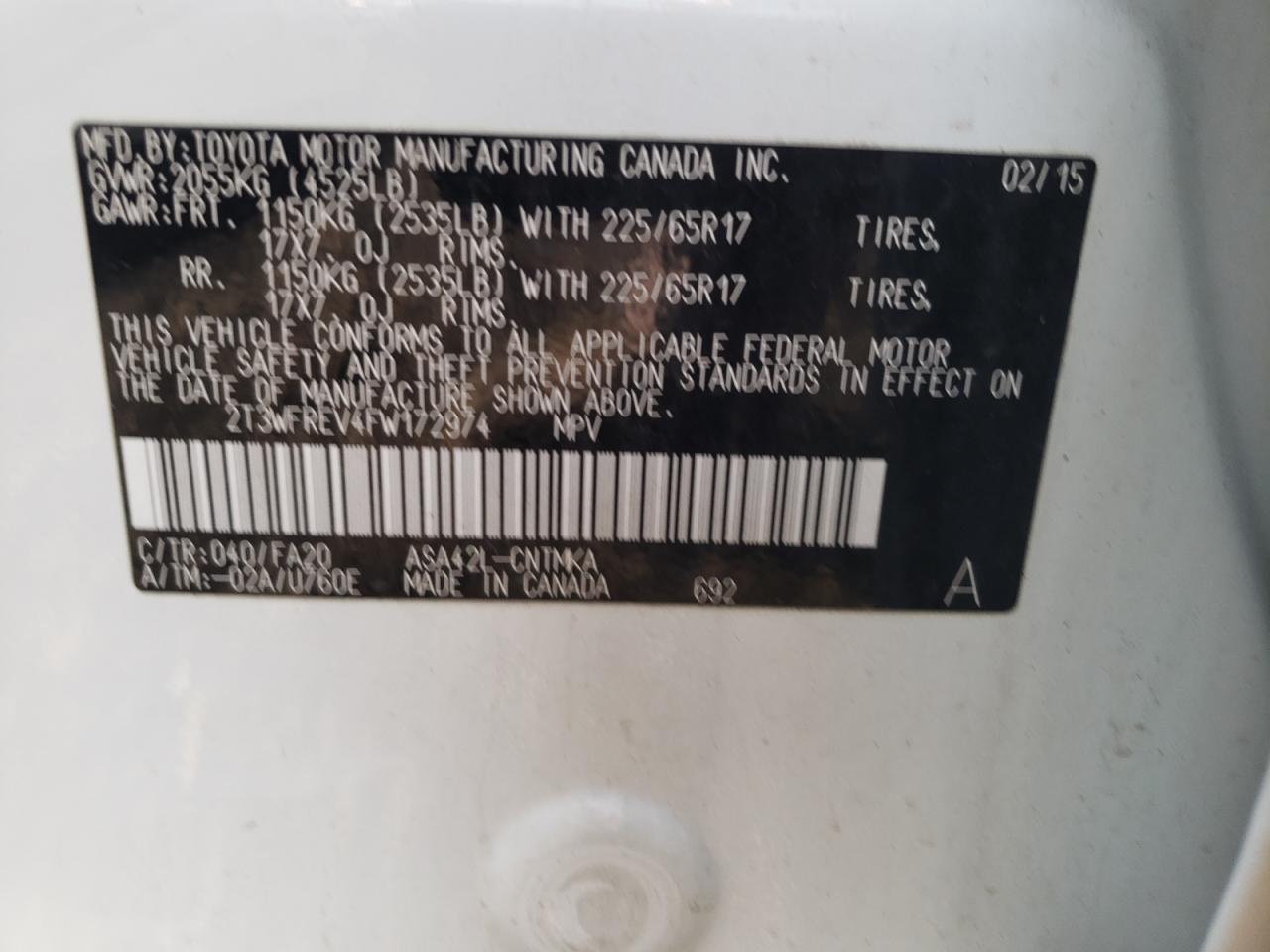 Photo 10 from auction – 2015 TOYOTA RAV4 XLE with VIN 2T3WFREV4FW172974