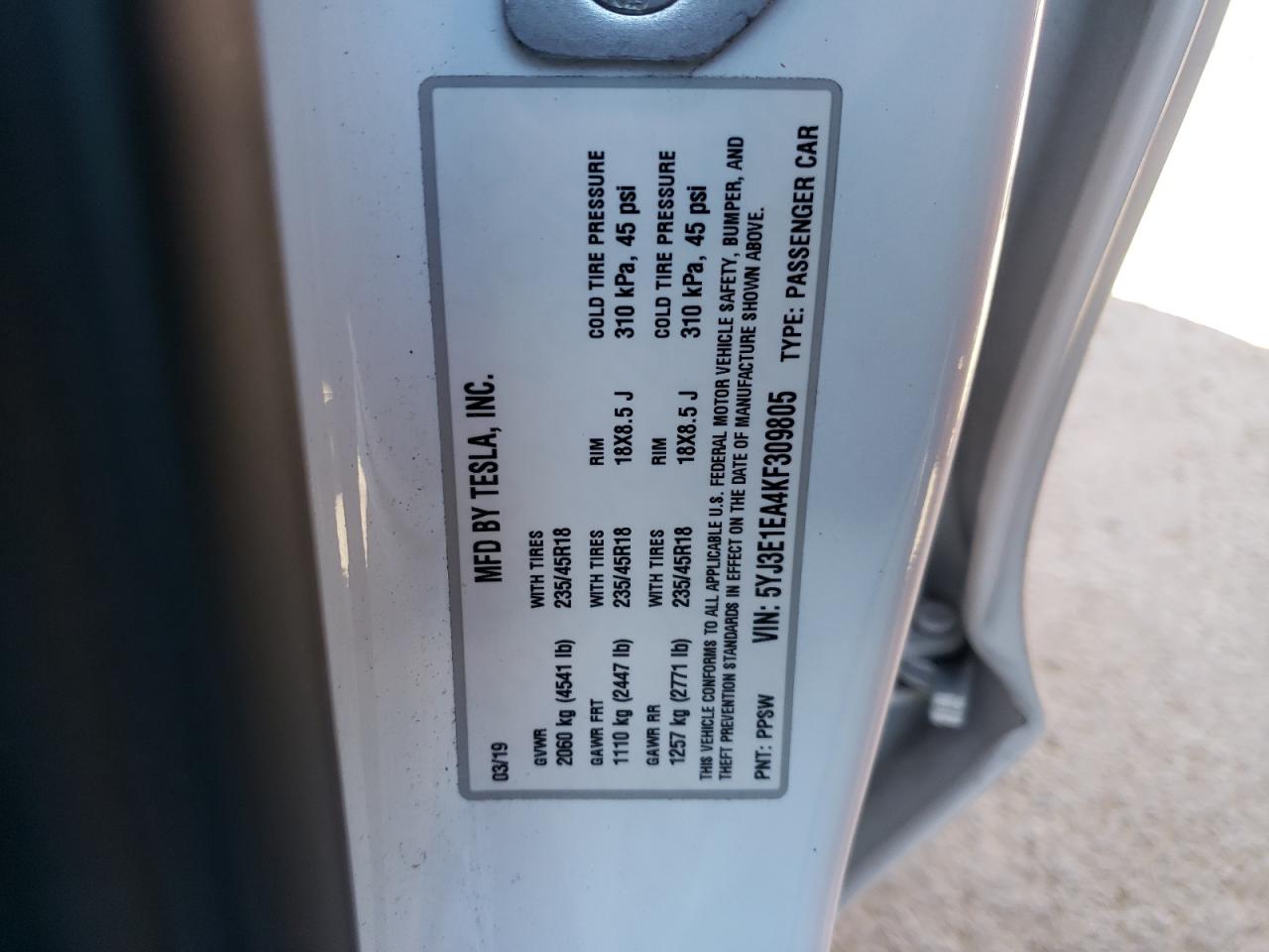 Photo 10 from auction – 2019 TESLA MODEL 3 with VIN 5YJ3E1EA4KF309805