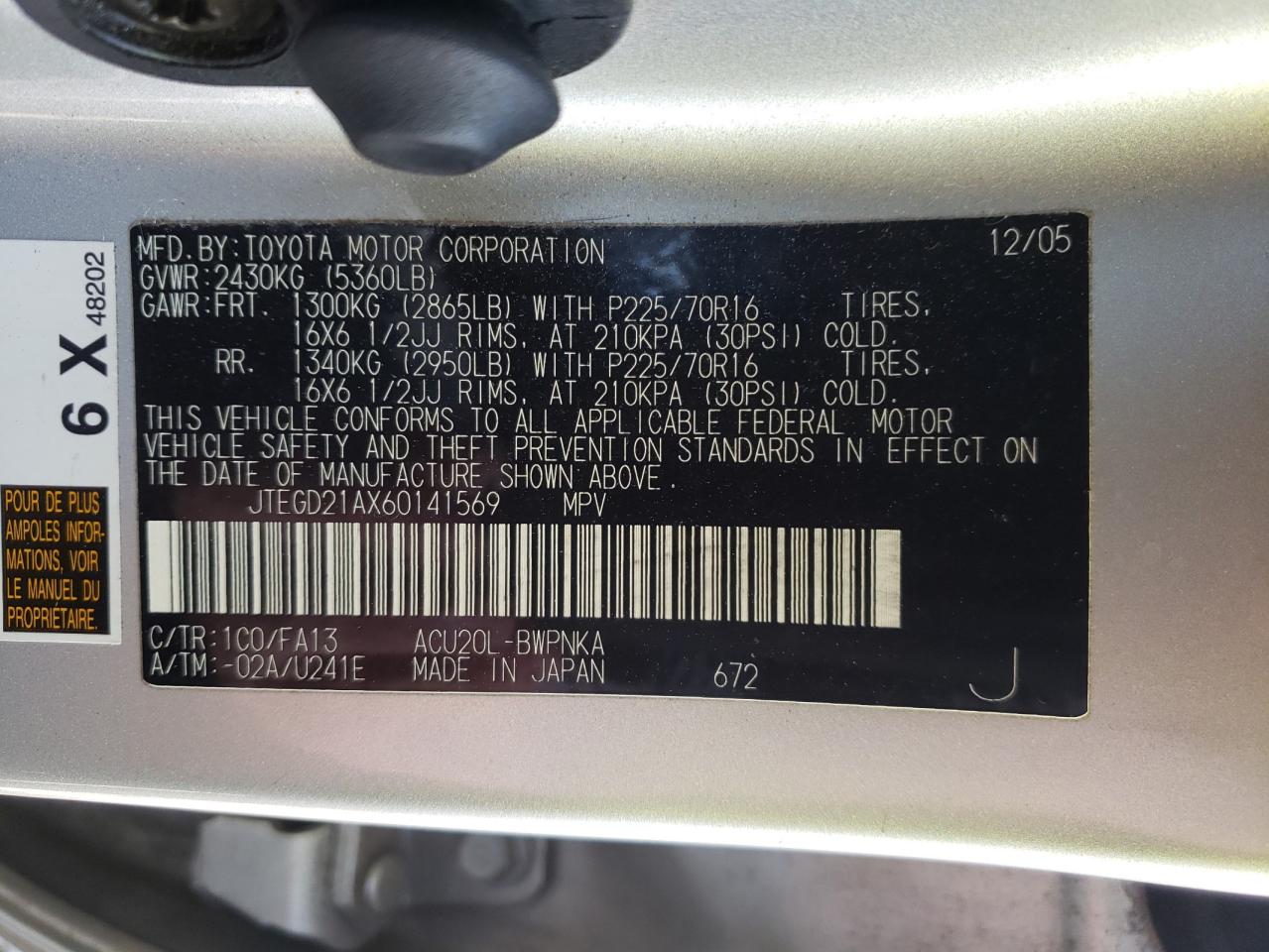 Zdjęcie 10 z aukcji – 2006 TOYOTA HIGHLANDER z VIN JTEGD21AX60141569