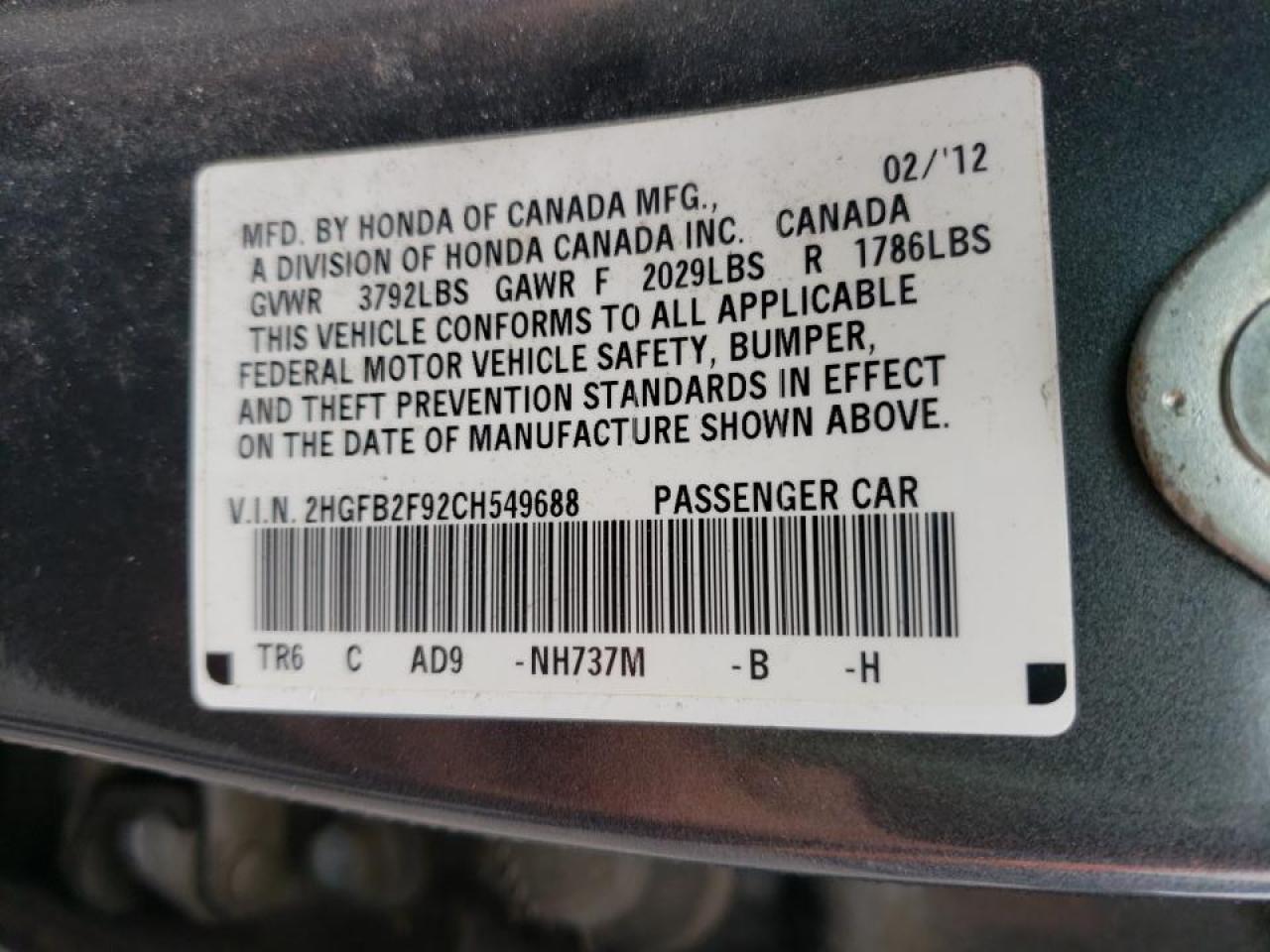 Photo 10 from auction – 2012 HONDA CIVIC EXL with VIN 2HGFB2F92CH549688