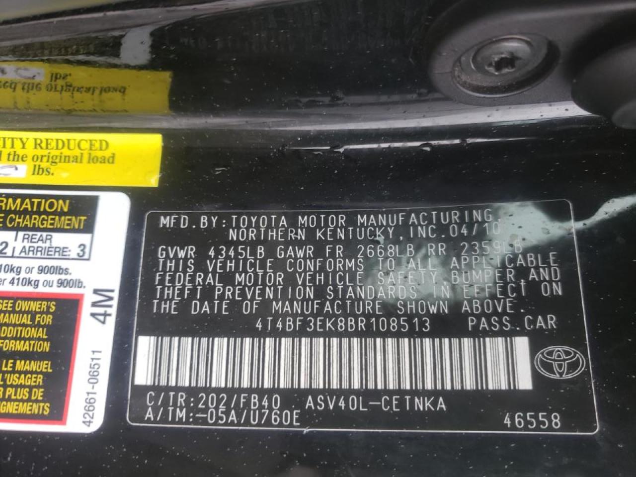 Photo 10 from auction – 2011 TOYOTA CAMRY BASE with VIN 4T4BF3EK8BR108513