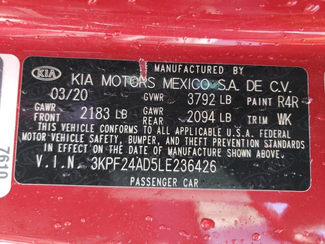 Photo 10 from auction – 2020 KIA FORTE FE with VIN 3KPF24AD5LE236426