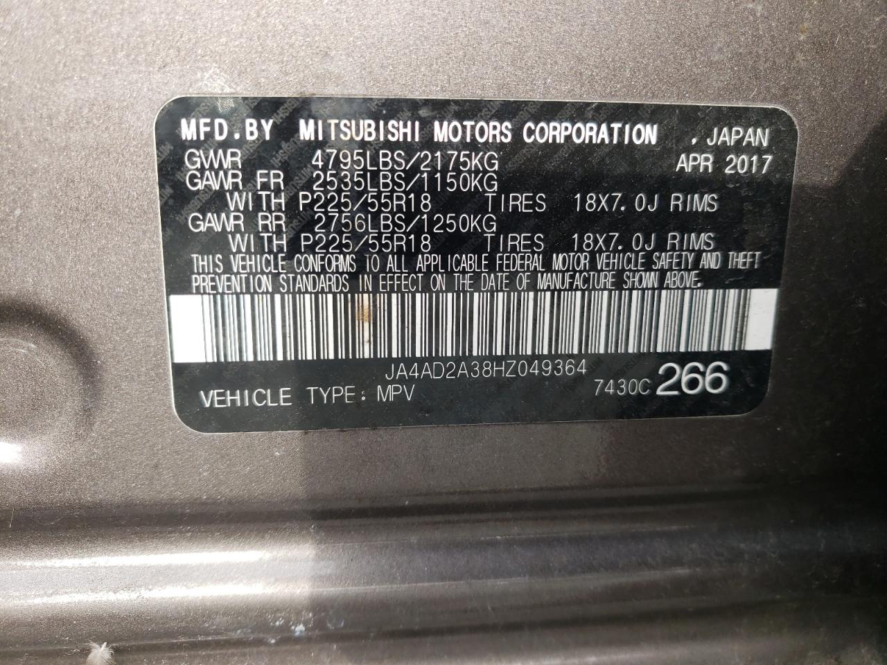 Photo 10 from auction – 2017 MITSUBISHI OUTLANDER with VIN JA4AD2A38HZ049364