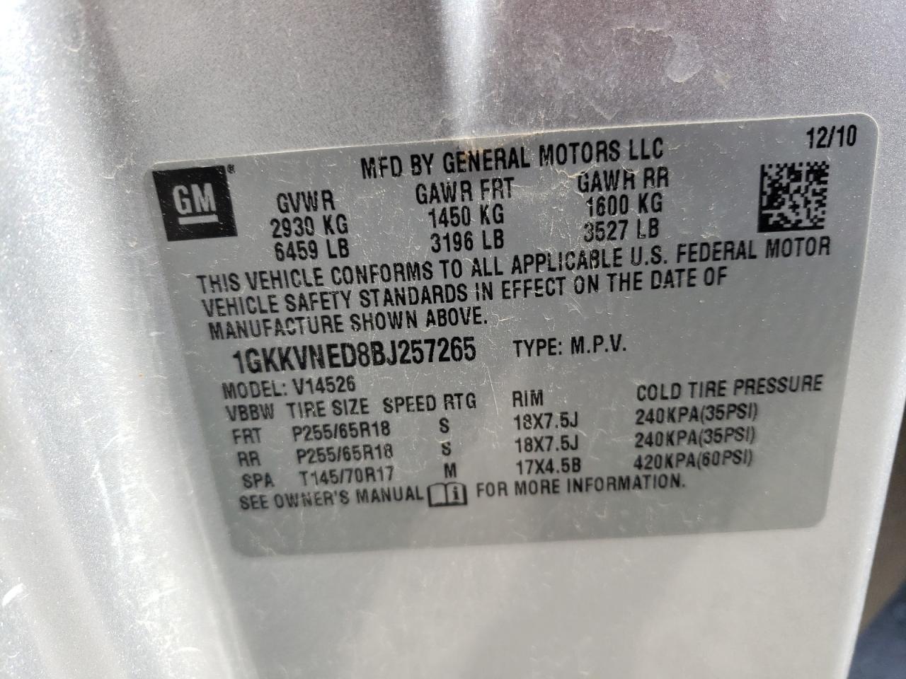 Photo 10 from auction – 2011 GMC ACADIA SLE with VIN 1GKKVNED8BJ257265