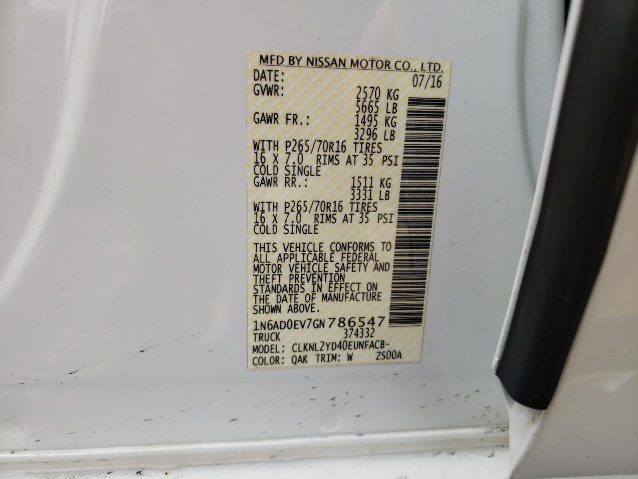Photo 10 from auction – 2016 NISSAN FRONTIER S with VIN 1N6AD0EV7GN786547