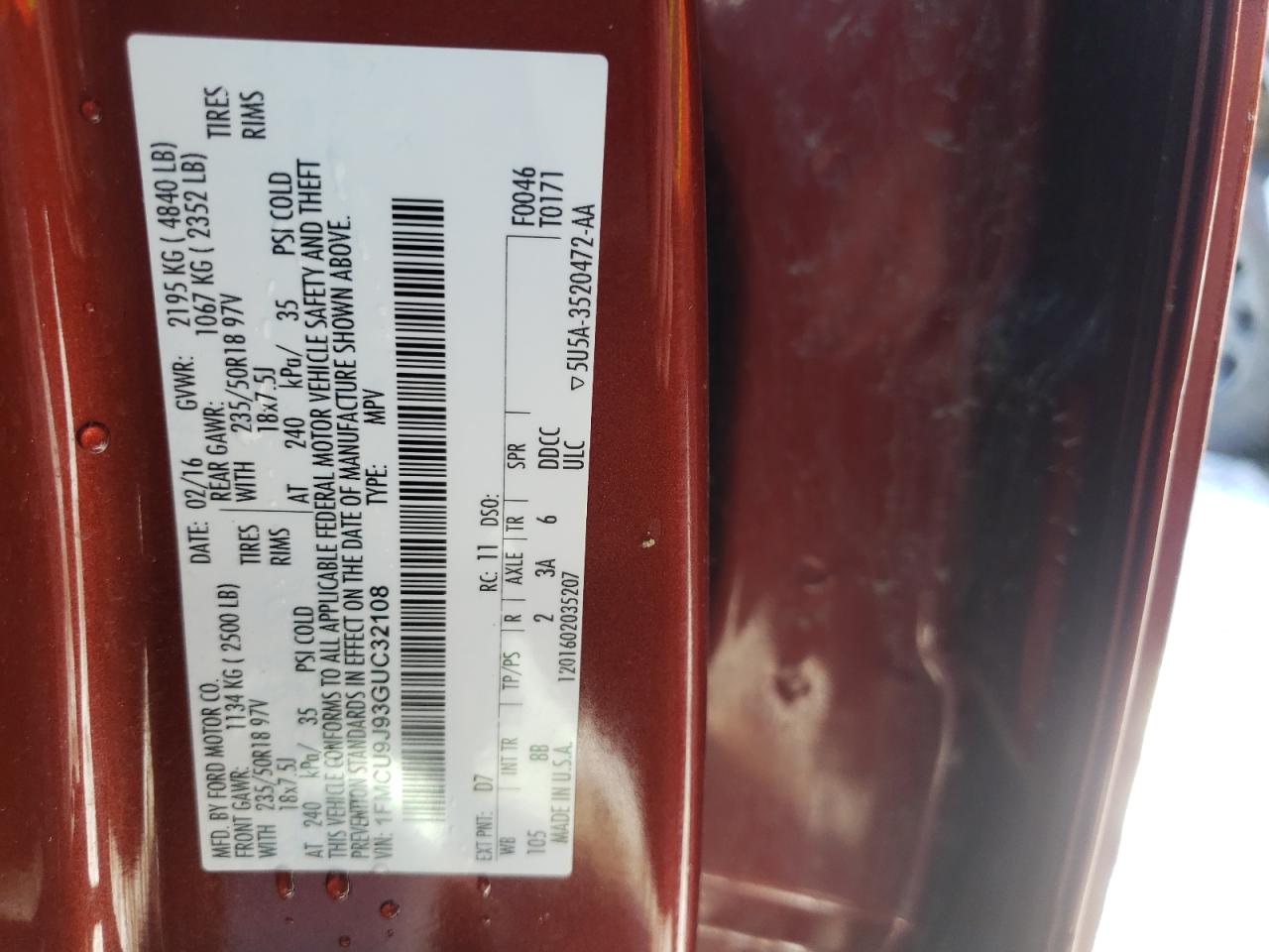 Photo 10 from auction – 2016 FORD ESCAPE TIT with VIN 1FMCU9J93GUC32108