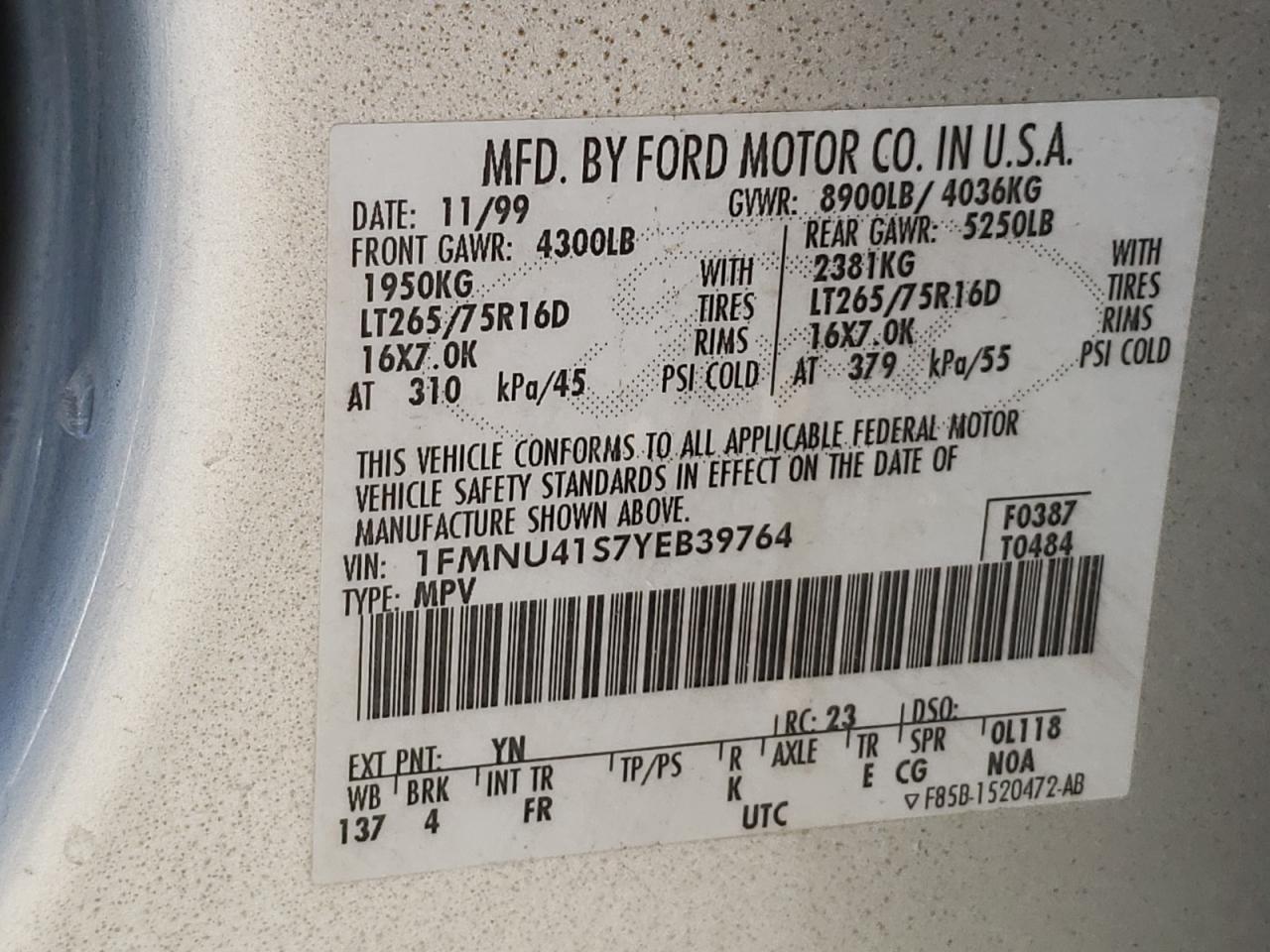 Photo 10 from auction – 2000 FORD EXCURSION with VIN 1FMNU41S7YEB39764