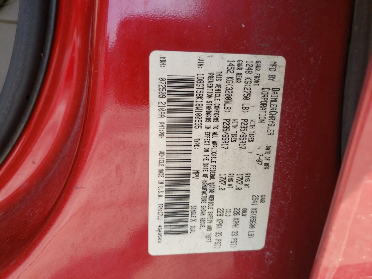 Photo 10 from auction – 2008 DODGE NITRO SLT with VIN 1D8GT58K18W100935