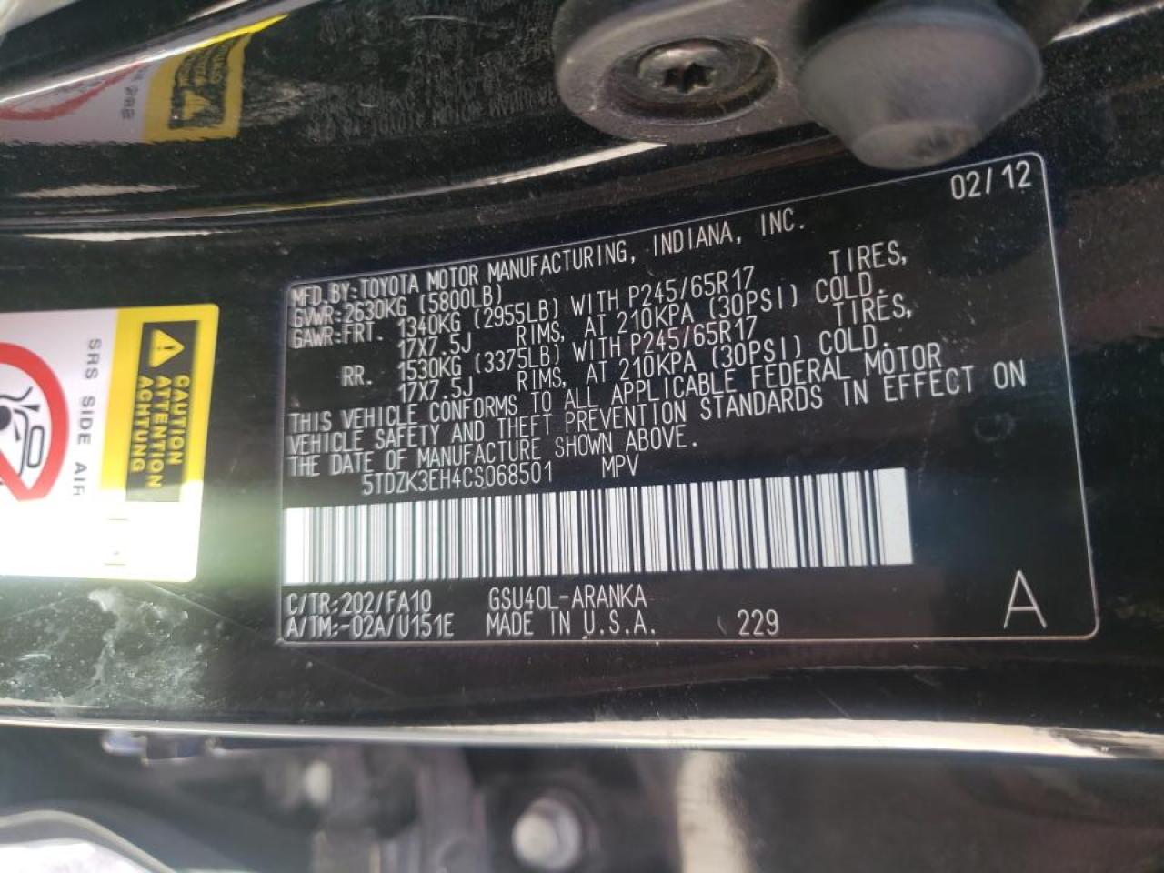 Photo 10 from auction – 2012 TOYOTA HIGHLANDER with VIN 5TDZK3EH4CS068501