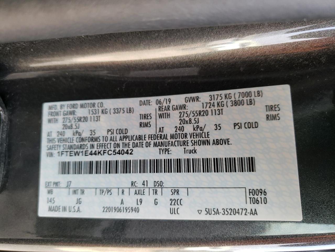 Photo 10 from auction – 2019 FORD F150 SUPER with VIN 1FTEW1E44KFC54042