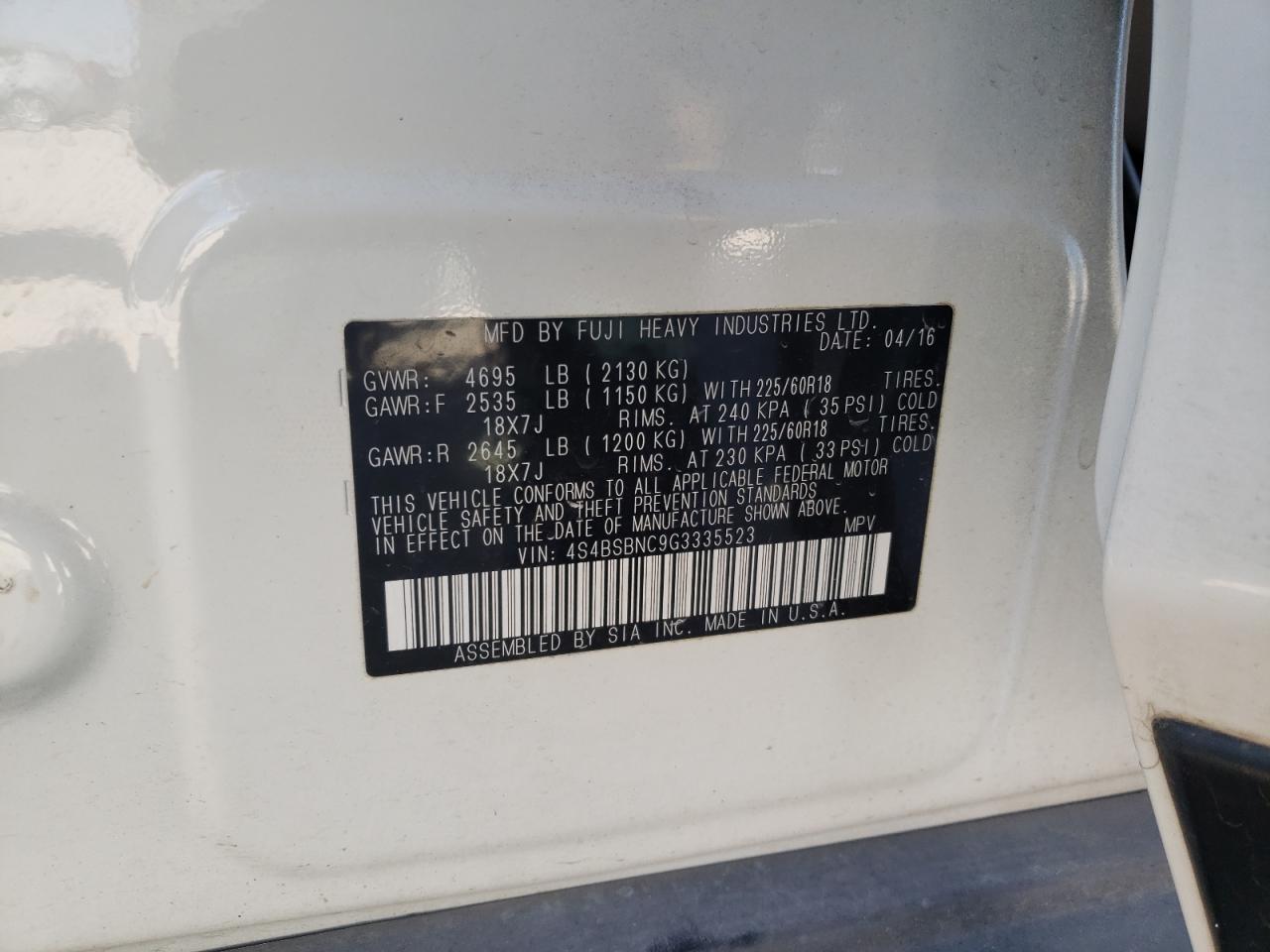 Photo 10 from auction – 2016 SUBARU OUTBACK 2. with VIN 4S4BSBNC9G3335523