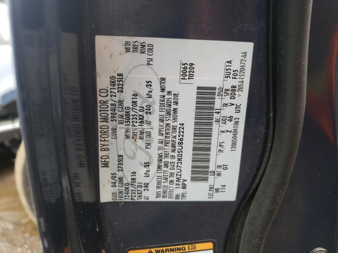 Photo 10 from auction – 2005 FORD EXPLORER 4 with VIN 1FMZU73K05UB62224