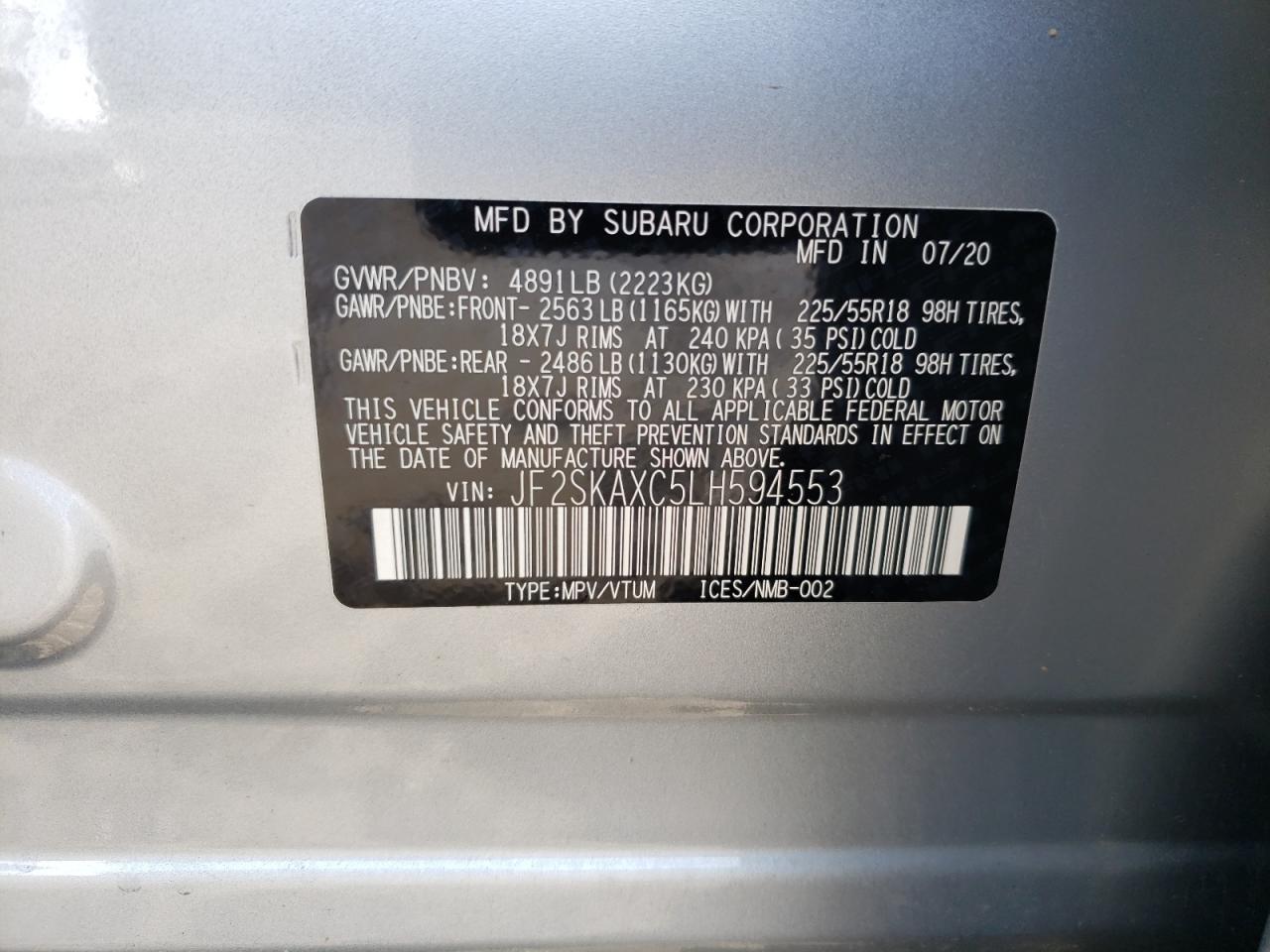 Photo 10 from auction – 2020 SUBARU FORESTER T with VIN JF2SKAXC5LH594553