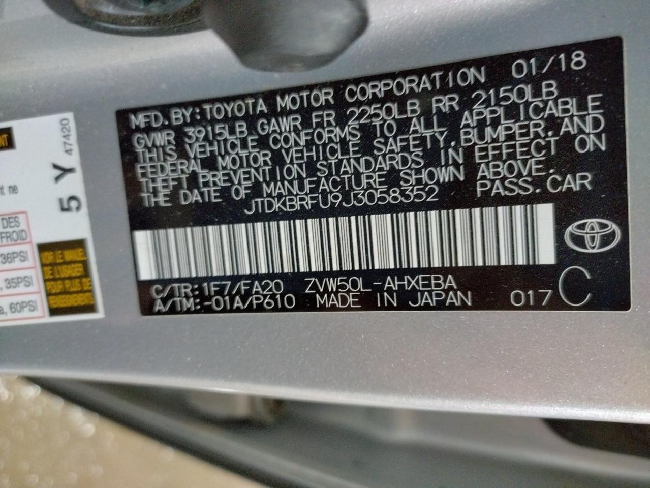 Photo 10 from auction – 2018 TOYOTA PRIUS with VIN JTDKBRFU9J3058352