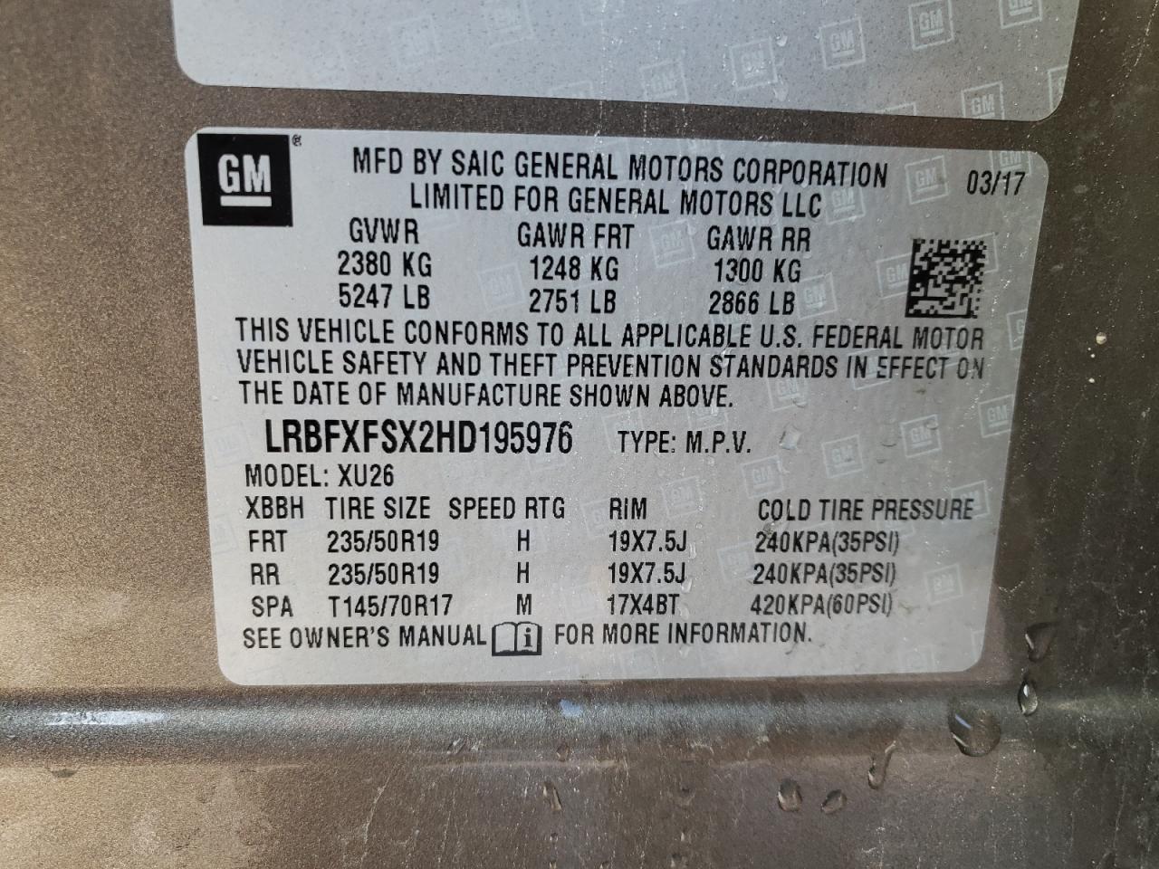 Photo 10 from auction – 2017 BUICK ENVISION P with VIN LRBFXFSX2HD195976