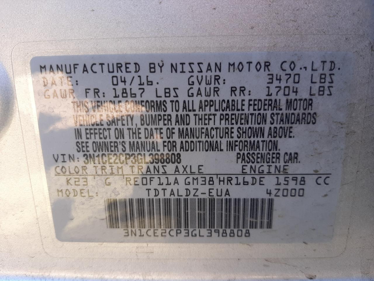 Photo 10 from auction – 2016 NISSAN VERSA NOTE with VIN 3N1CE2CP3GL398808