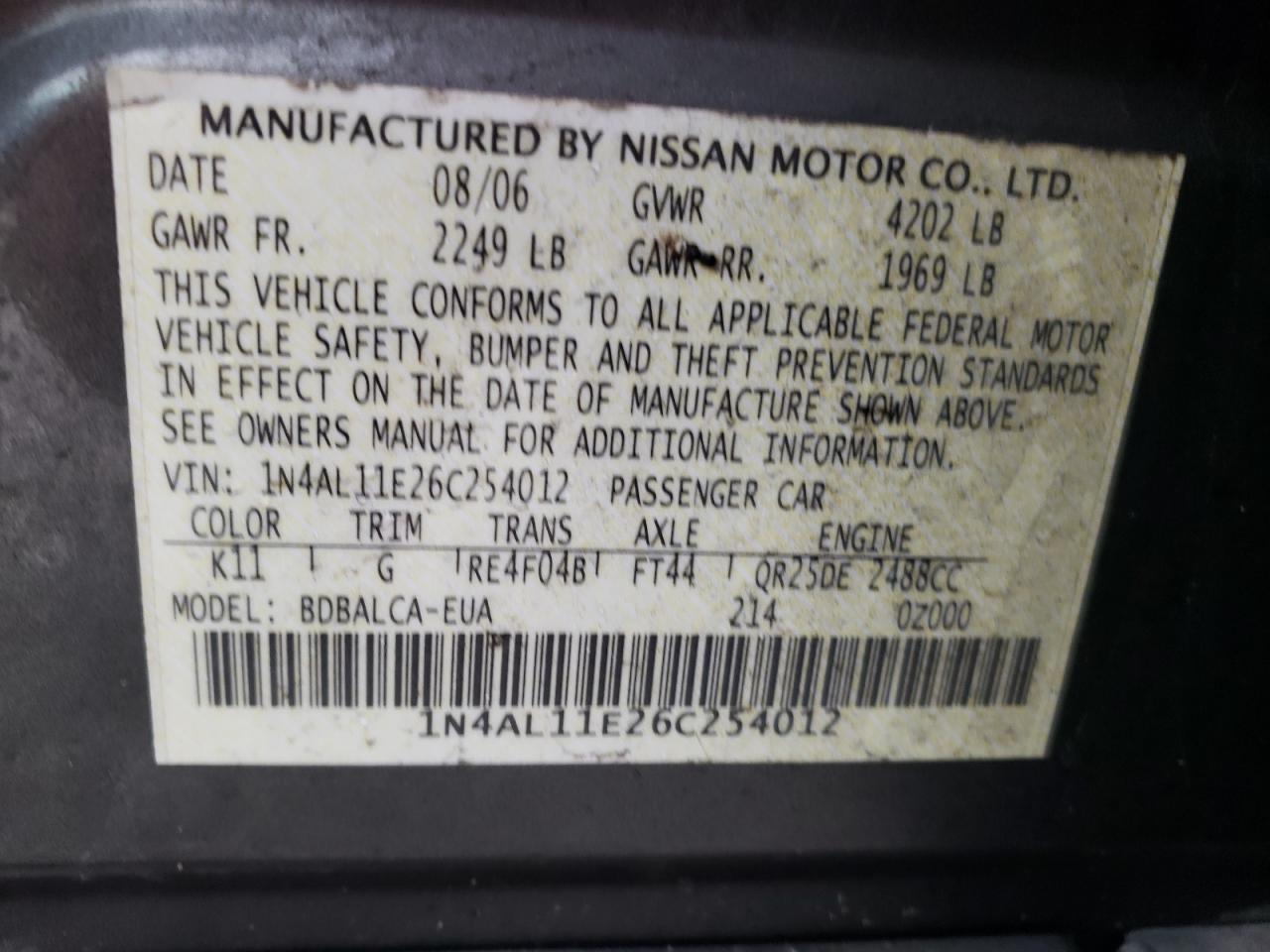 Photo 10 from auction – 2006 NISSAN ALTIMA S with VIN 1N4AL11E26C254012