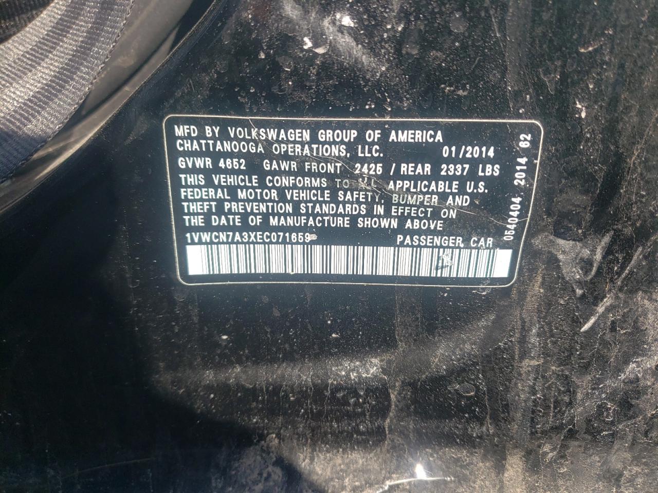 Photo 10 from auction – 2014 VOLKSWAGEN PASSAT SEL with VIN 1VWCN7A3XEC071659