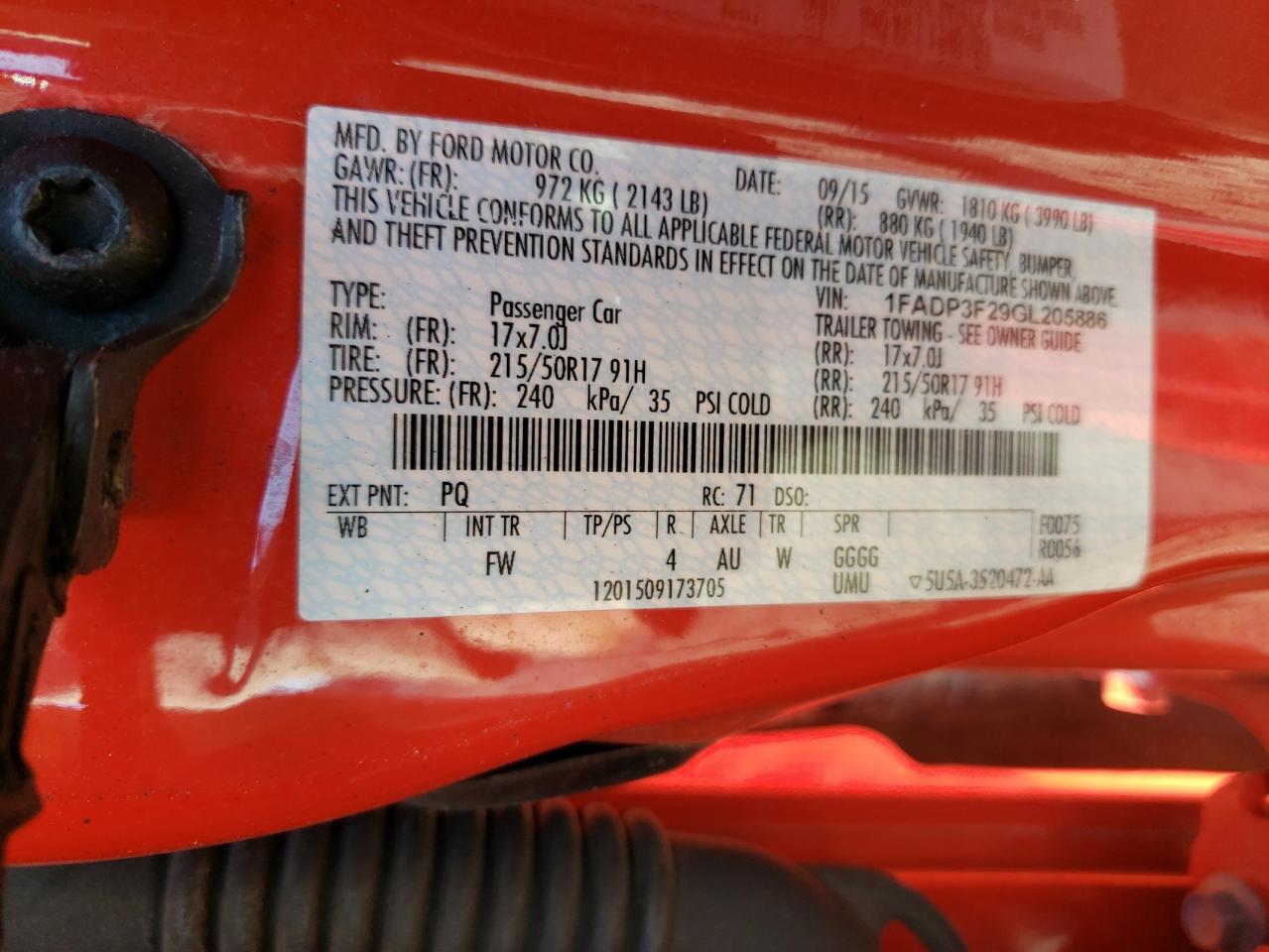 Photo 10 from auction – 2016 FORD FOCUS SE with VIN 1FADP3F29GL205886