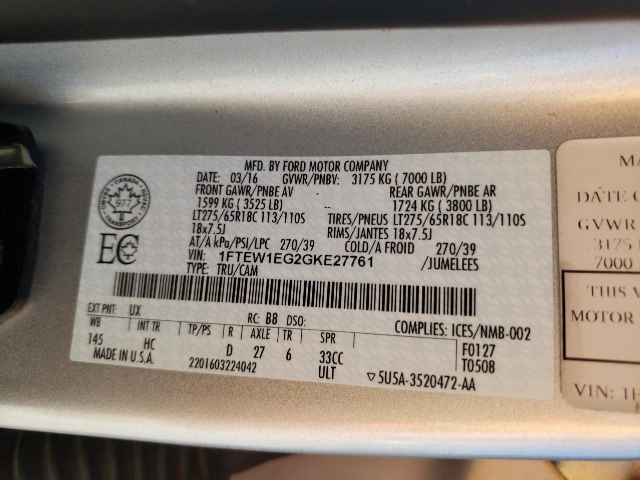 Photo 10 from auction – 2016 FORD F150 SUPER with VIN 1FTEW1EG2GKE27761
